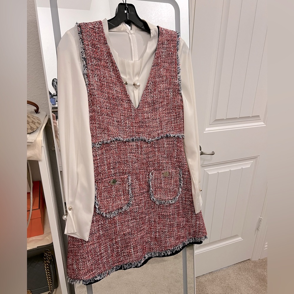 White pearls shirt and vest dress set